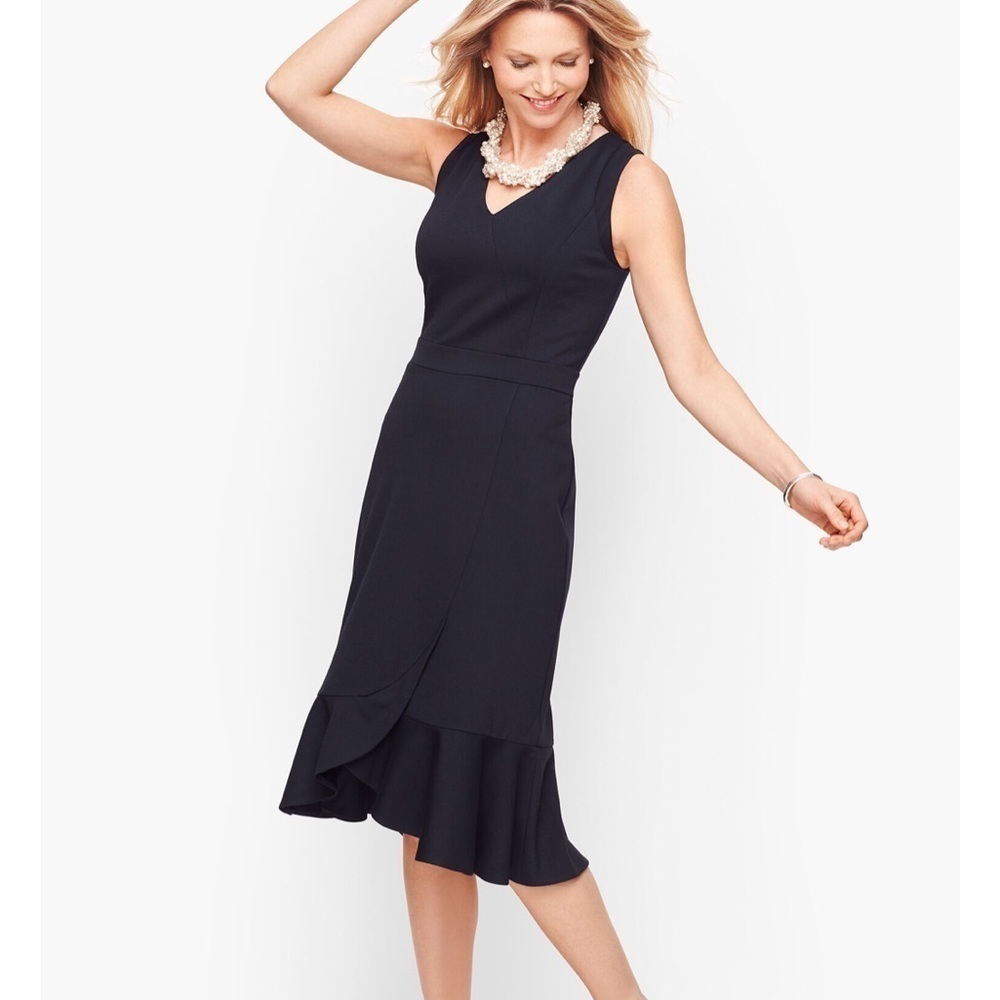 Talbots Size 6 Black Midi Dress Ponte Flounce Hem Wrap Ruffle Cocktail Dress